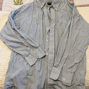 Lands' End Men's Blue and White Plaid Shirt